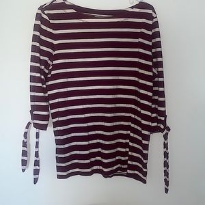 Old Navy Women's T-Shirt Top Size L Maroon White Striped 3/4 Sleeve Cotton